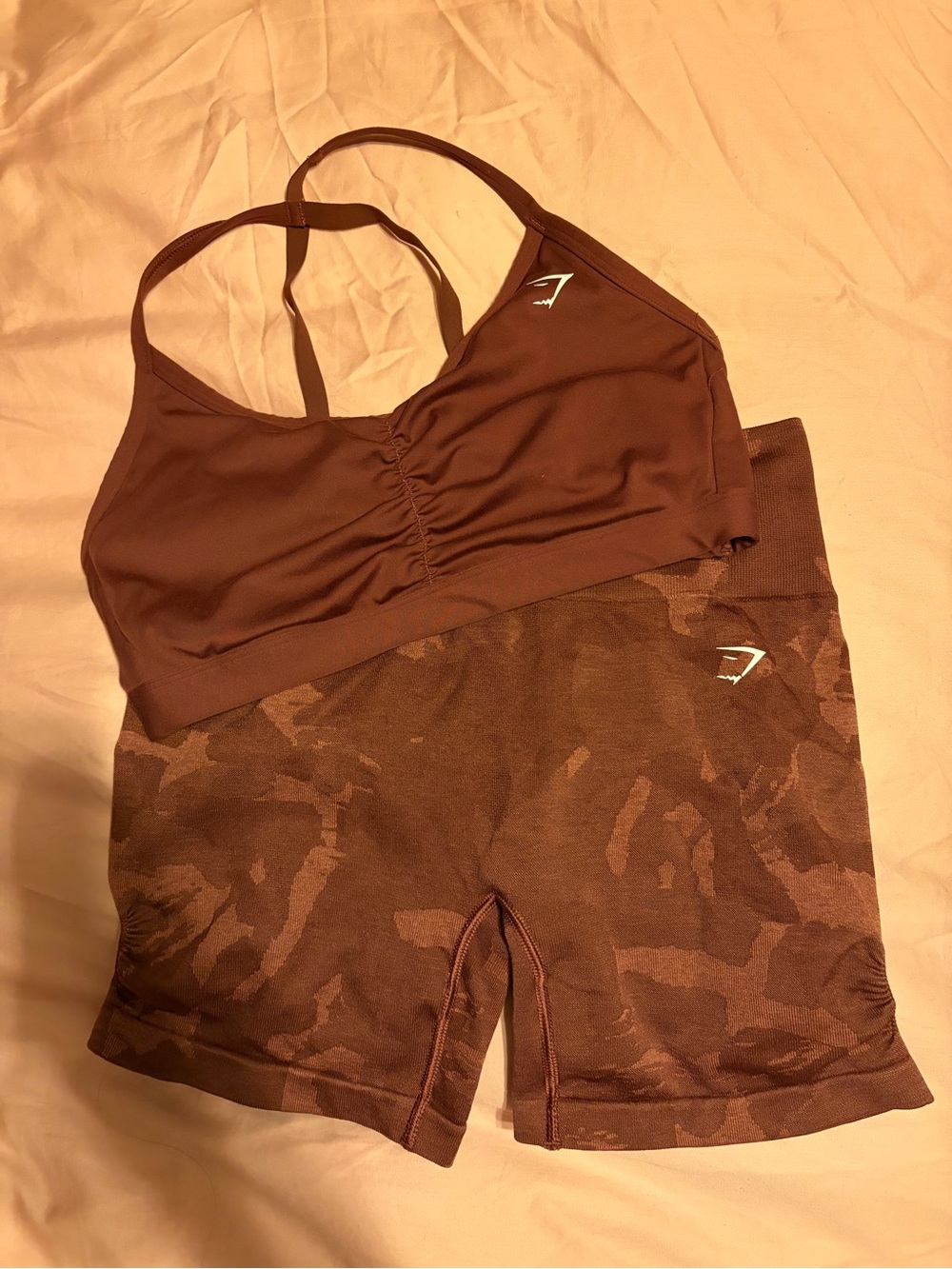 Gymshark Brown Seamless Camo Sports Bra and High-Waist Shorts - Picture 1 of 2